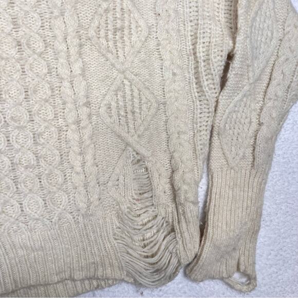 NSF Annabelle Boyfriend Distressed Cable Knit Sweater Chunky Cream Wool Medium - Picture 4 of 7
